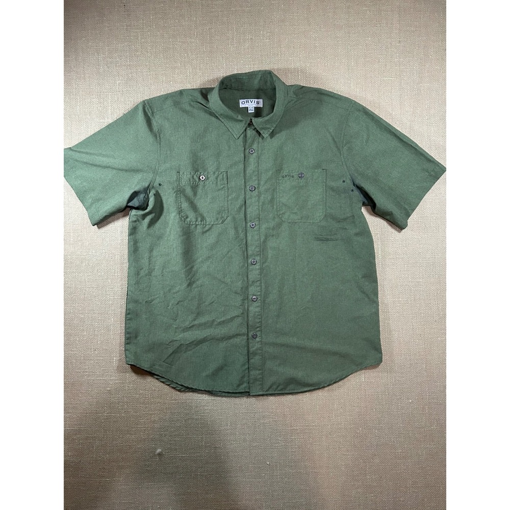 Orvis Mens XL Short Sleeve Fishing Hiking Shirt Olive Green Polyester Vented